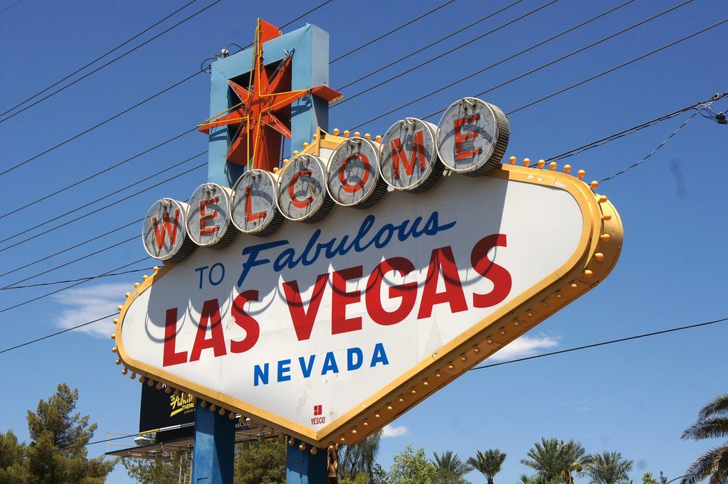 The Welcome to Fabulous Las Vegas sign against a blue sky
